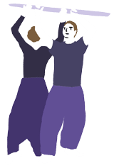 Illustration représentant deux personnes qui pratiquent l'AMS en tenant le même baton toutes les deux au dessus de leurs têtes